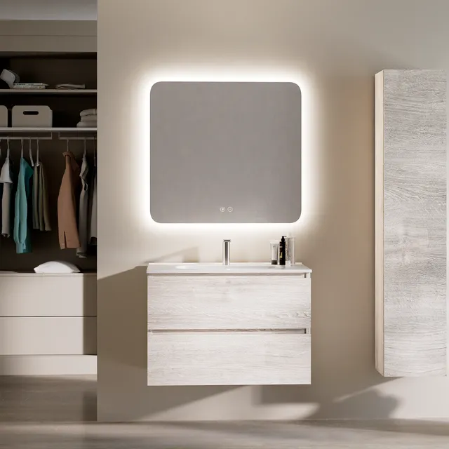 Feel Your Bath, Mueble De Baño PANTER Blanco Caliza 80 cm, 2 Cajones, Encimera Cerámica Integrada Y Espejo Cuadrado LED Antivaho