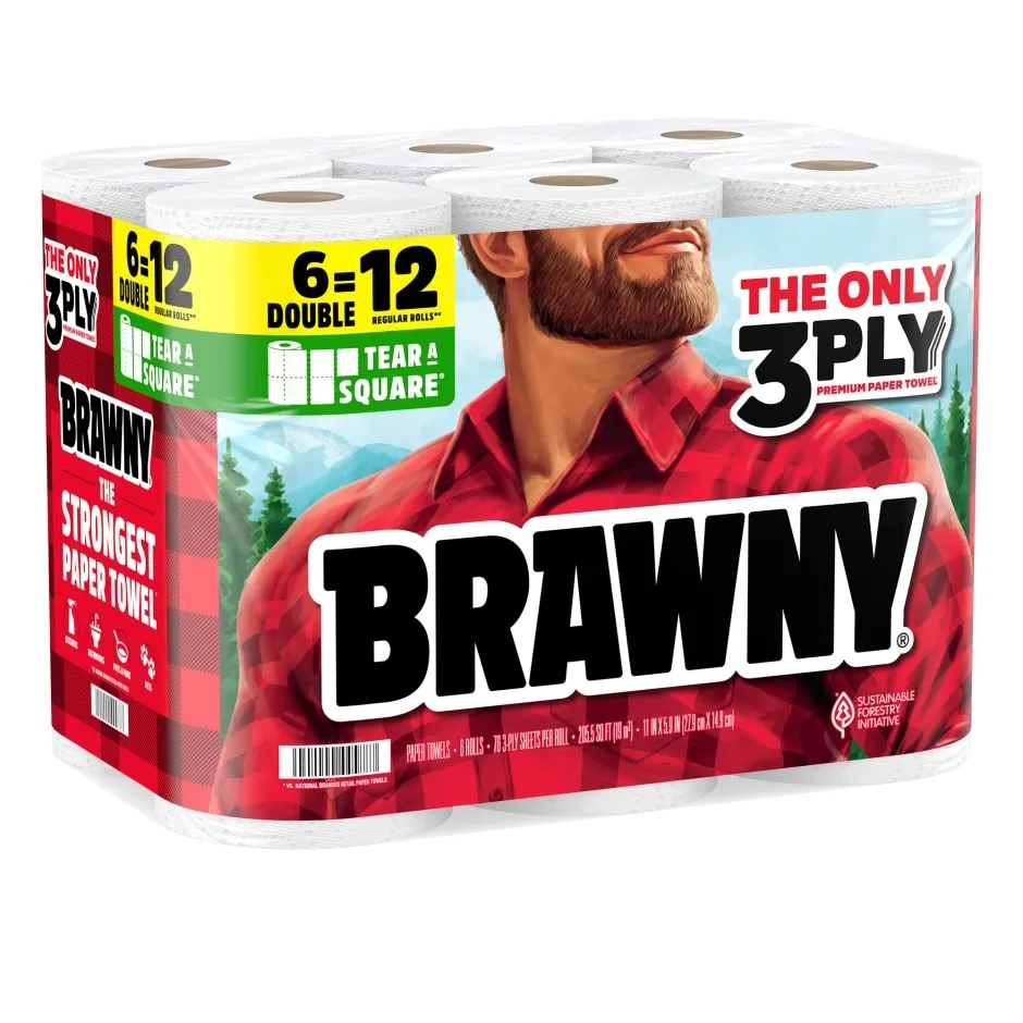 BRAWNY TEAR-A-SQUARE PAPER TOWELS, 6 DOUBLE ROLLS