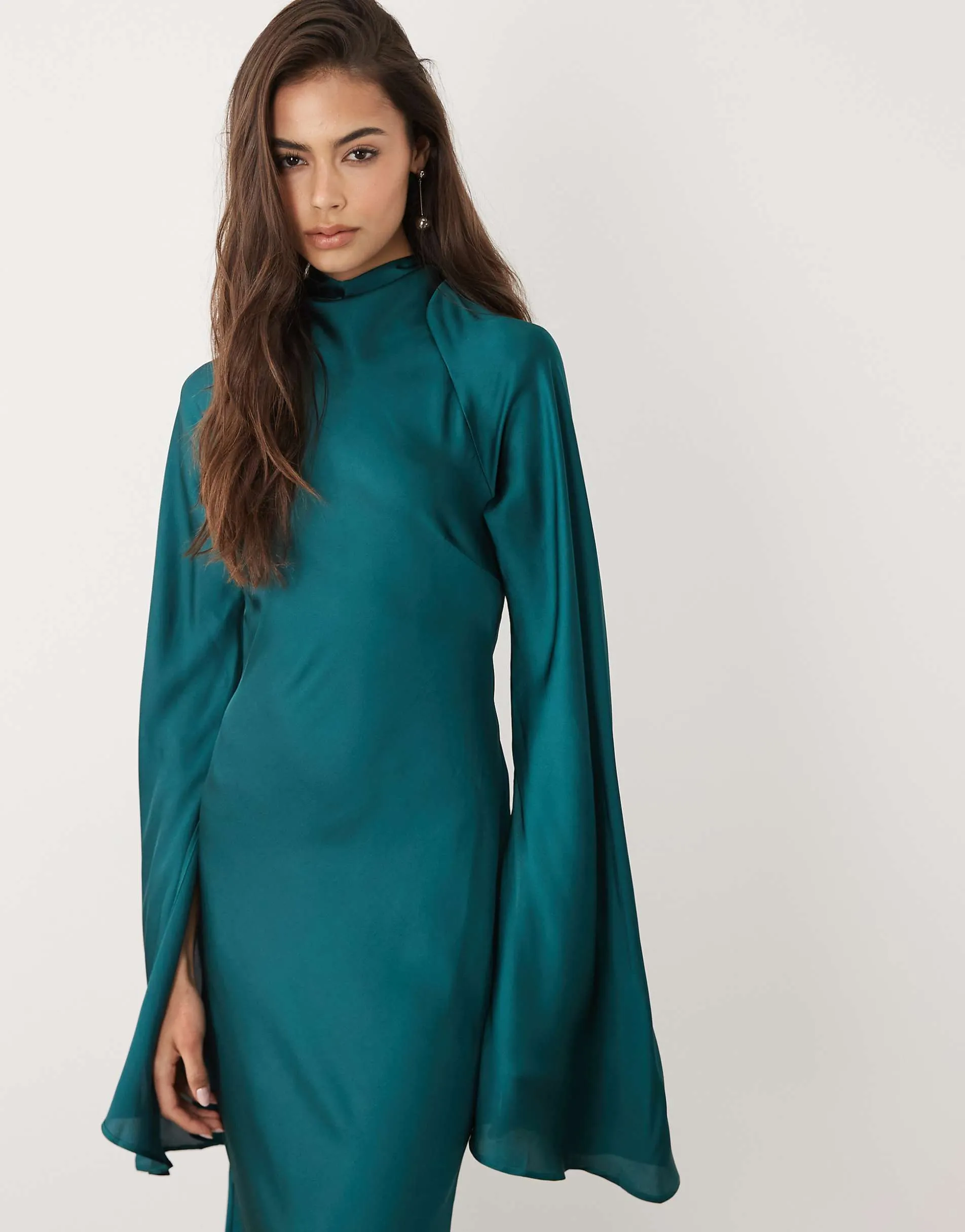 ASOS DESIGN Tall satin maxi dress with split sleeve and scarf detail in teal