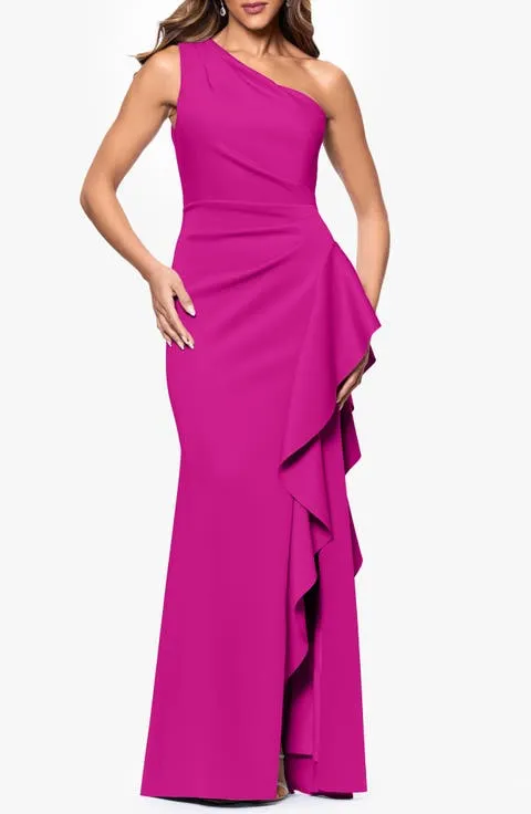 Xscape Evenings One-Shoulder Ruffle Scuba Crepe Gown