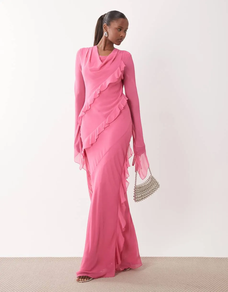 Daska chiffon high cowl neck frill detail maxi dress in pink