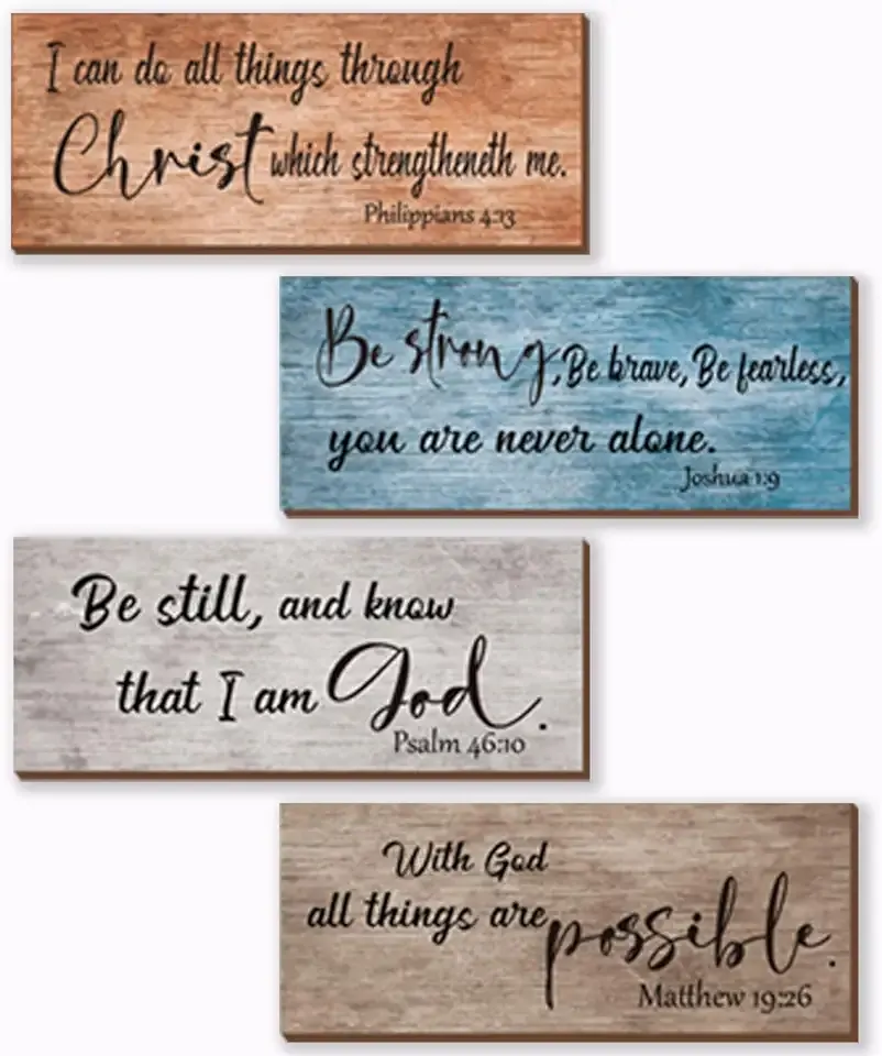 ZONWUTHY 4 Pieces Bible Verses Wall Decor Rustic Wooden Christian Signs Farmhouse Religious Decor for Home Motivational Prayer Wall Art for Living Room Office Bedroom Bathroom(Farmhouse,10x4)