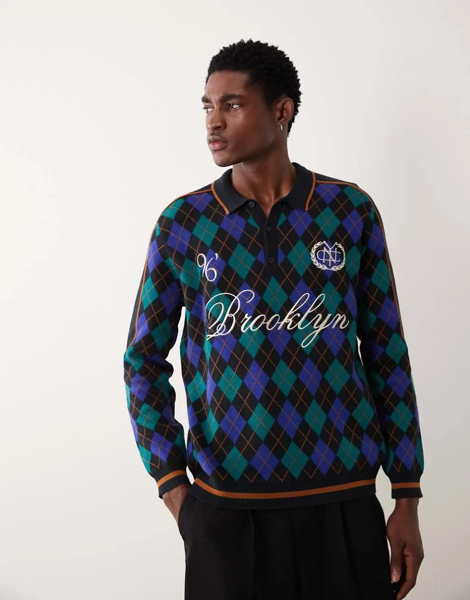 ASOS DESIGN relaxed knitted argyle print polo with Brooklyn embroidery in blue and black (part of a set)