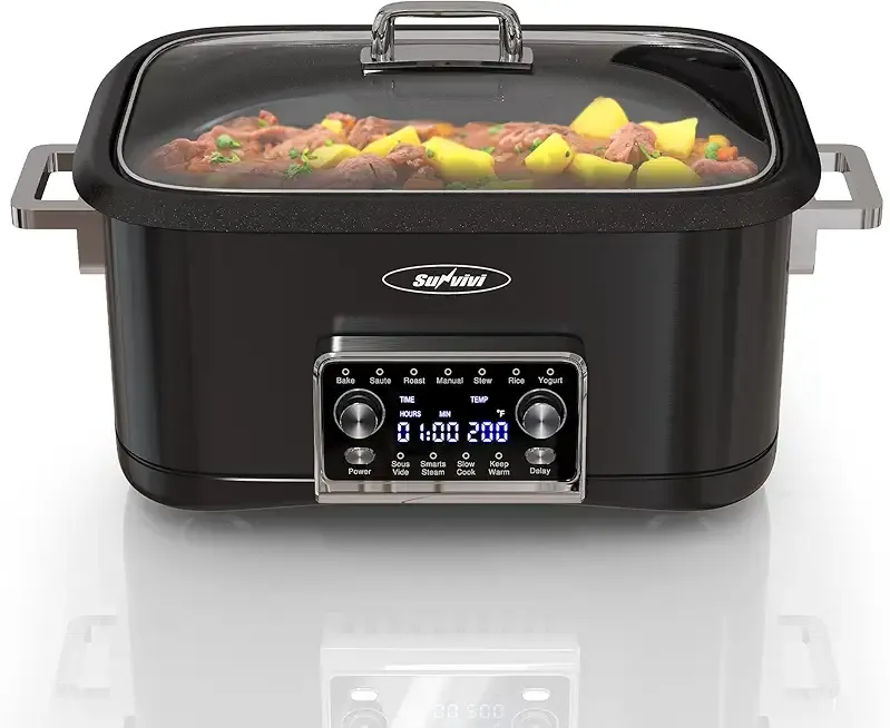 Sunvivi 8 Quart Slow Cooker Roaster Oven, 12 in 1 Programmable Multi-Cooker Food Warmer with Digital Timer, Temp Control, Removable Cast Aluminum Pot & Dishwasher-Safe Tempered Glass Lid, Black
