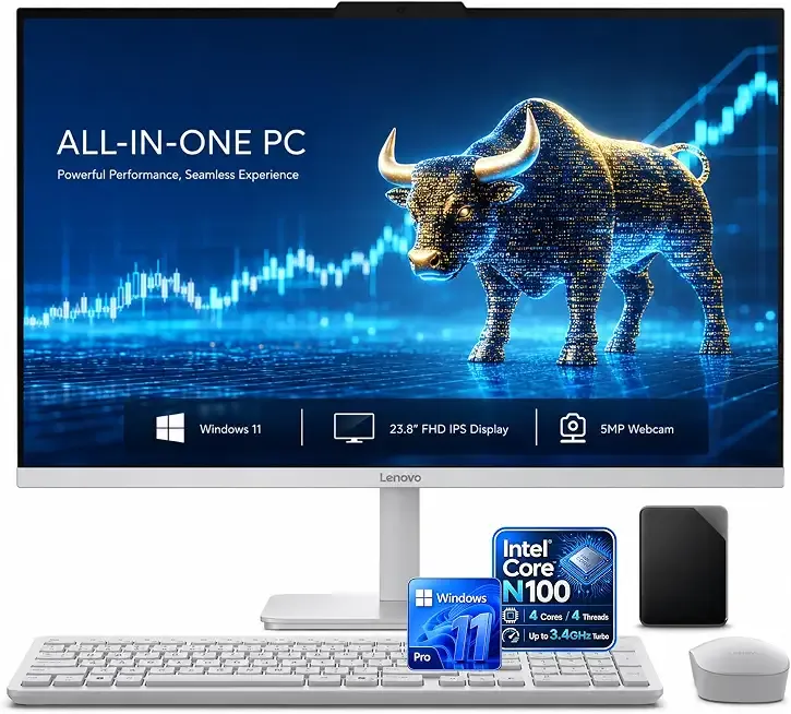 Lenovo 24'' All in One Desktop, Intel Quad-Core CPU, Full HD Display, 32GB RAM, 1TB Storage(512GB External +512GB SSD On Board), Wi-Fi, Bluetooth, USB, Windows 11 Pro, HDMI Out, Wireless KB & Mouse