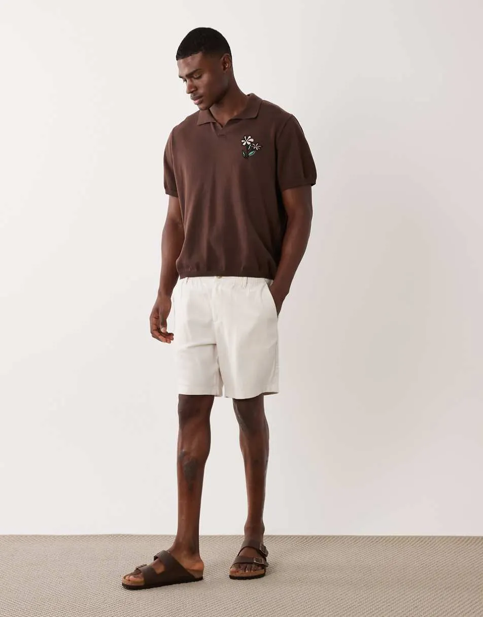 ASOS DESIGN oversized knitted short sleeve notch neck polo with flower embroidery in brown