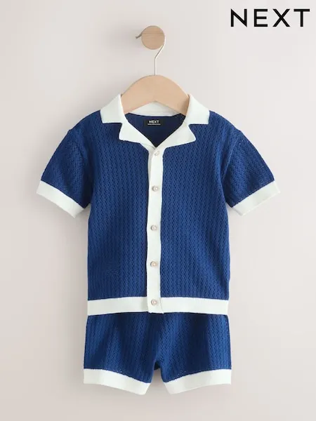 Navy Blue Knitted Polo Shirt and Shorts Set (3mths-10yrs)