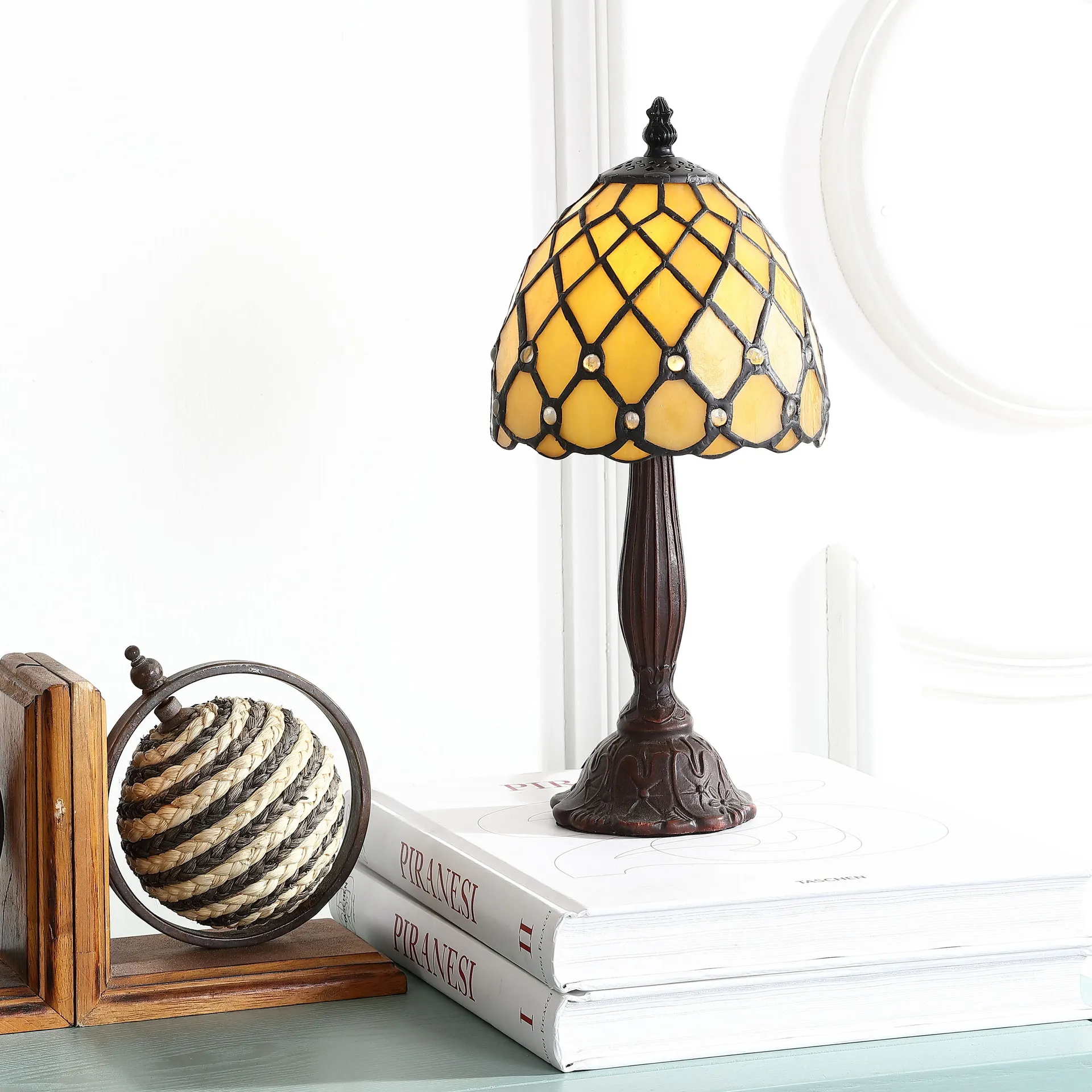 Campbell Tiffany-Style Stained Glass/Resin Traditional 12.5-in Ivory LED Table Lamp with Glass Shade