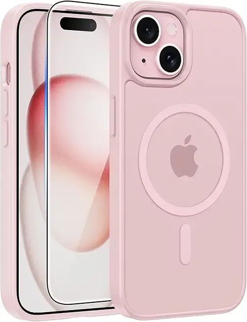 FNTCASE for iPhone 15 Case: for iPhone 14 Case & iPhone 13 Case [Compatible with Magsafe] Translucent Matte Cases with [Screen Protector] Military Grade Shockproof Protective Phone Cover - Light Pink