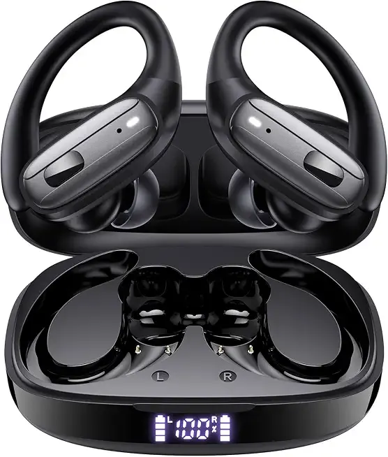 LEEMC Wireless Earbuds, Bluetooth Headphones 5.4, 80Hr Playtime Ear Buds with Hooks for Sports, Noise Canceling, LED Display, IPX7 Waterproof Earphones for Workout Running, Black