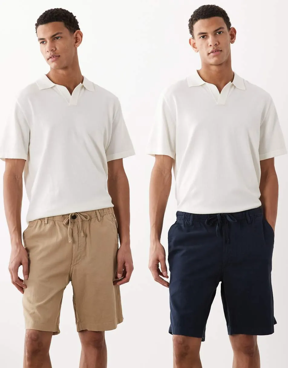 Jack & Jones 2 pack linen mix shorts in beige and navy