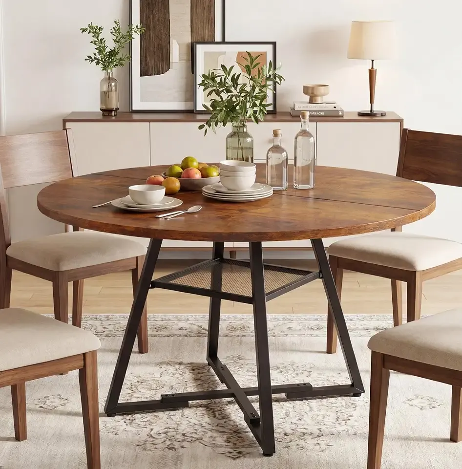 Alpen 42" Round Dining Table for 4-6, Farmhouse Kitchen Table with Storage Shelf, Wood Circle Table with Pedestal Metal Frame, Small Space Table for Apartment, Dining Room, Vintage Brown