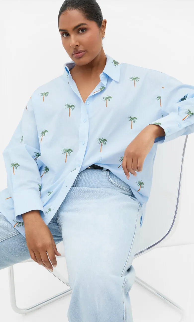 Embroidery Palm Print Cotton Shirt - sky blue