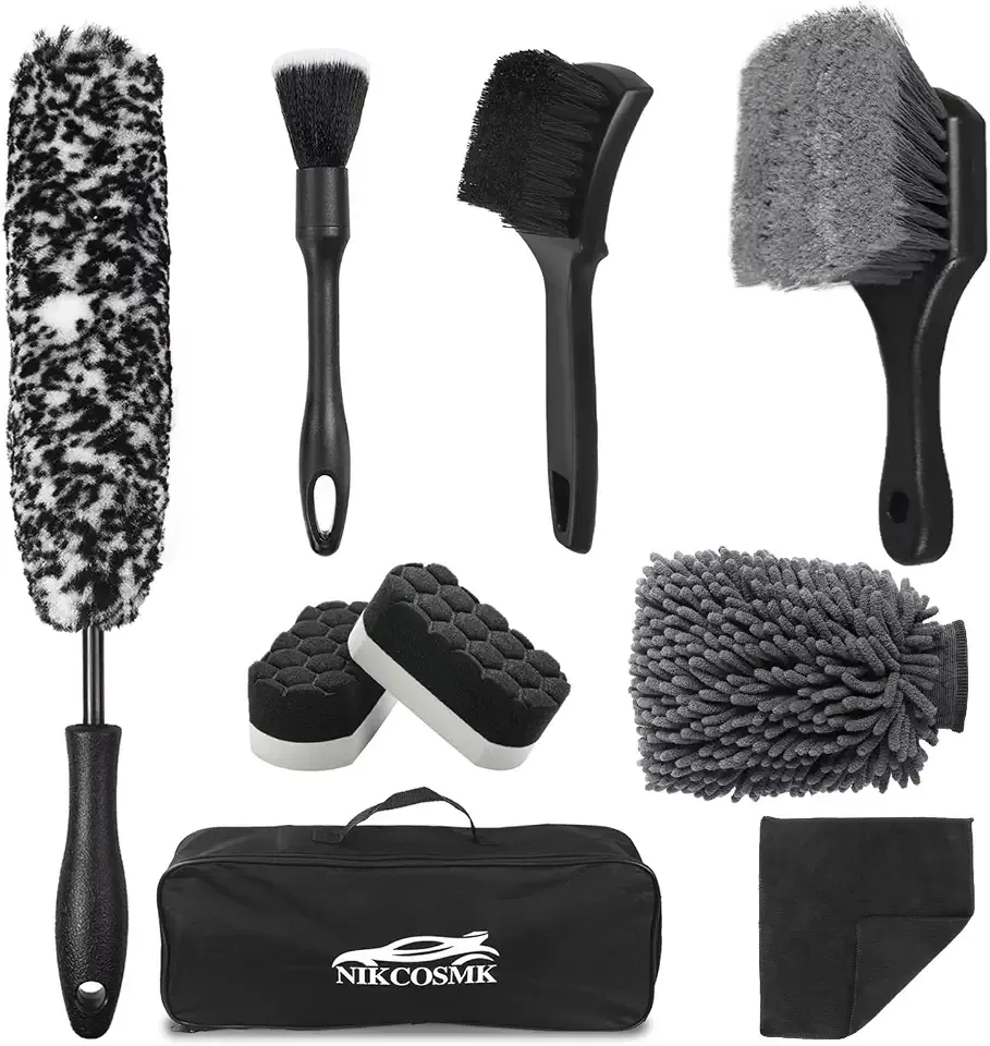 9Pcs Car Wheel & Tire Brush Kit, Wheel Cleaner Brush, Soft-bristled Rim Brush, Tire Shine Applicator Pad, Car Wash Mitt, Towel, Car Detailing Cleaning Wash Brush Supplies Kit