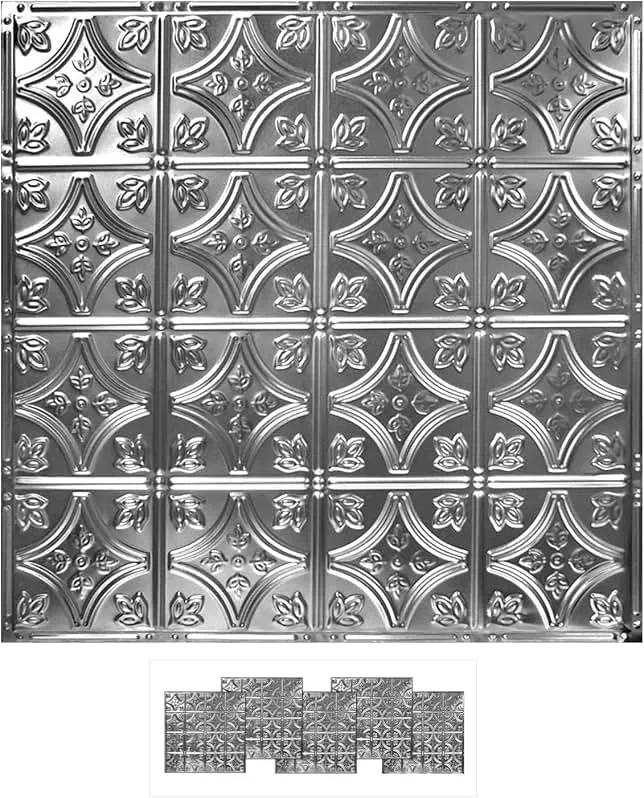 American Tin Ceilings [5 Pack Kit] 24" x 24" 100% Tin Nail-Up Ceiling Tiles | Pattern #3 Brushed Satin Nickel Color Small Victorian Design with Floral Arching Diamonds for Ceilings & Kitchens