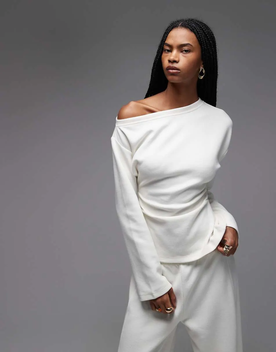 ASOS DESIGN Supersoft corset waist off shoulder tee in cream