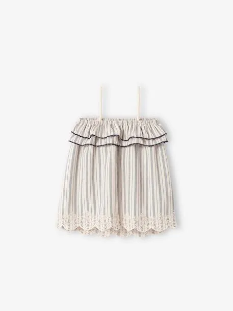 Robe brodée bébé à bretelles - beige clair rayé