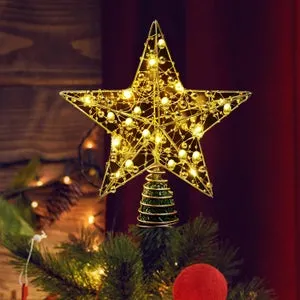 Estrella brillante navideña, adorno para árbol de Navidad, luz de noche con cuentas doradas de luz cálida, regalo navideño