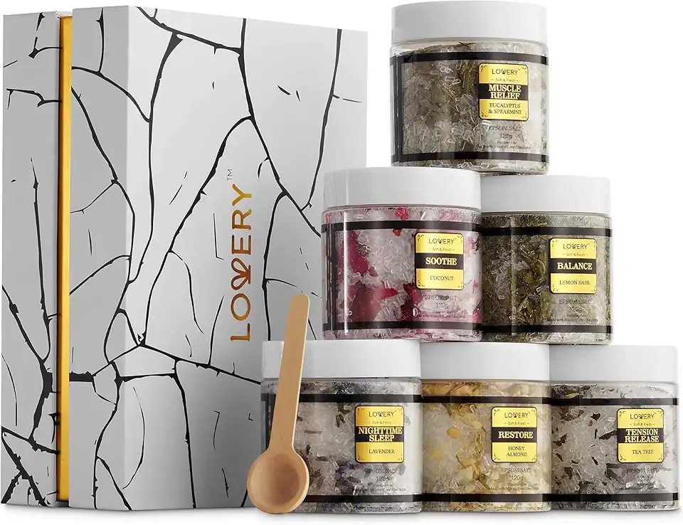 Gifts for Women Who Have Everything, Epsom Bath Salts Gift Basket Set, Self Care Salt W/Essential Oil, Valentines Day Gifts for Her, Mom, Lavender, Eucalyptus, Lemon, Coconut, Tea Tree, Honey Almond