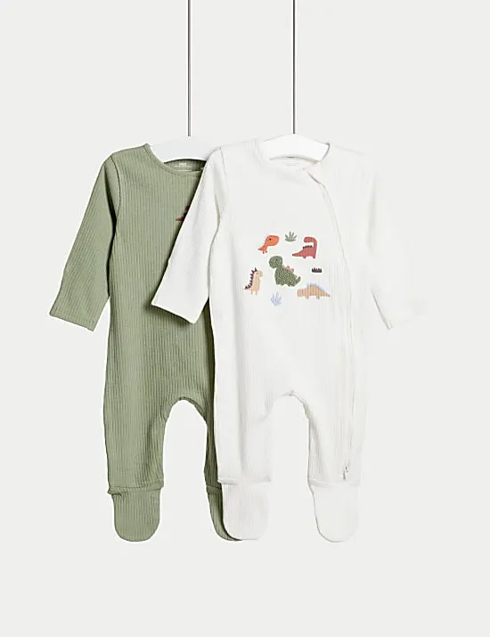 2pk Cotton Rich Dinosaur Sleepsuits (6½lbs - 3 Yrs)