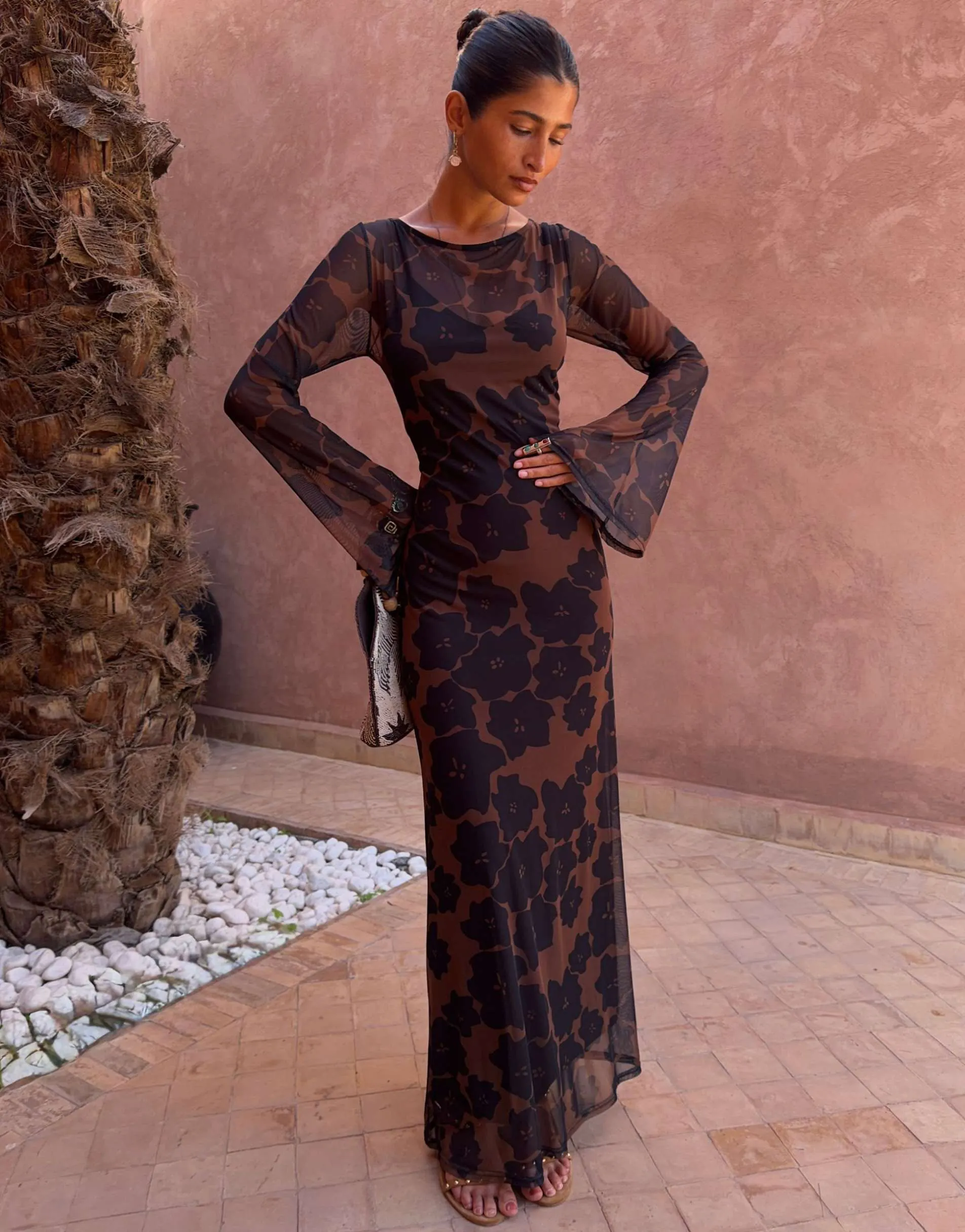 Never Fully Dressed mesh long sleeved crew neck maxi dress in brown poppy print