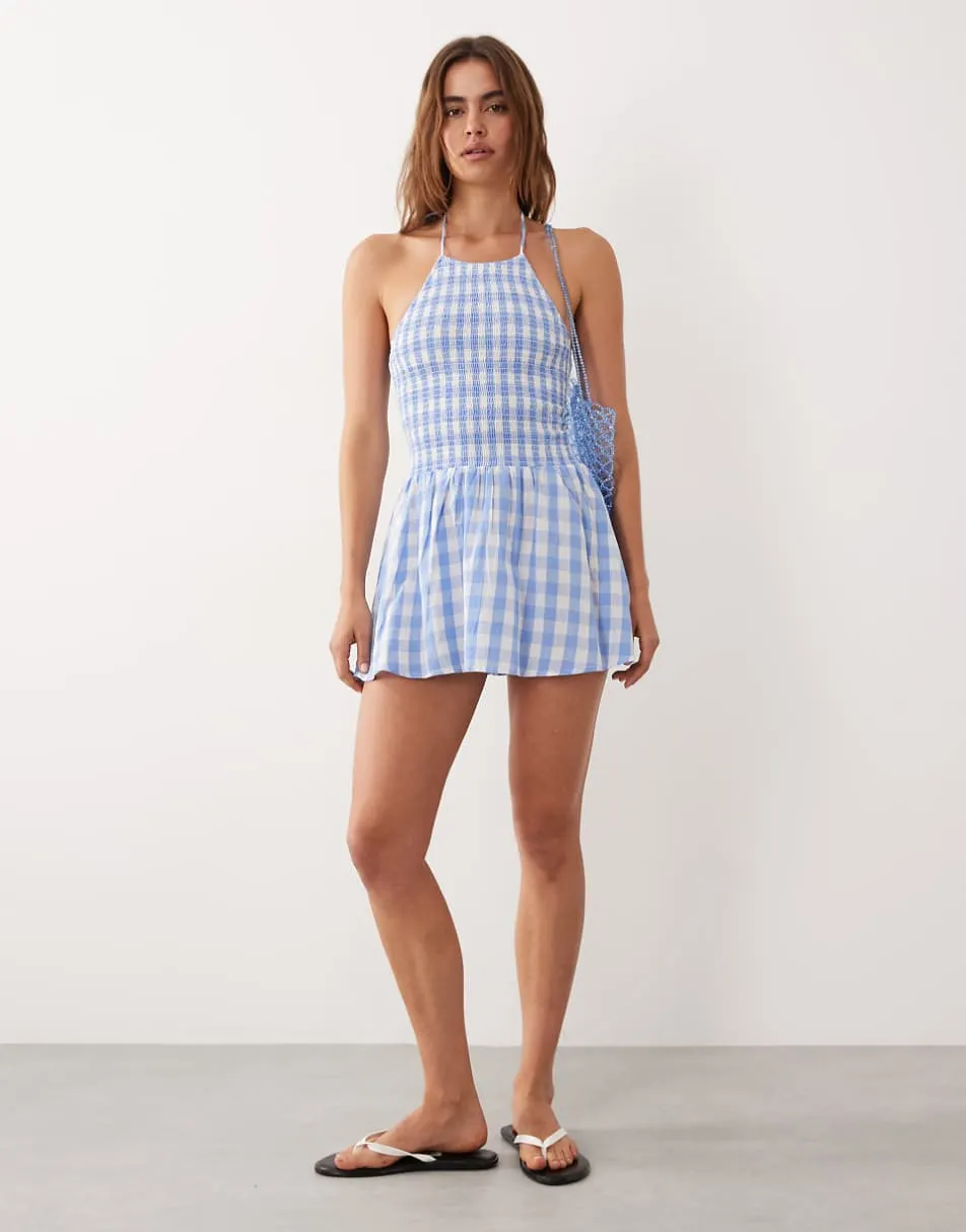 Esmee shirred halter mini dress in blue & white gingham