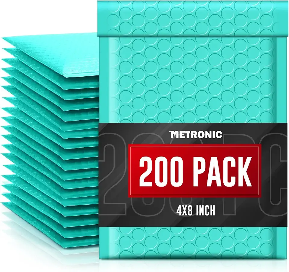 METRONIC Small Bubble Mailers 4x8 200 Pack Teal Padded Envelopes Waterproof | Usable Size 4x7 Inch Self Seal Bubble Envelopes Padded Mailers for Small Business Packaging Sports Cards, Shipping Supplies