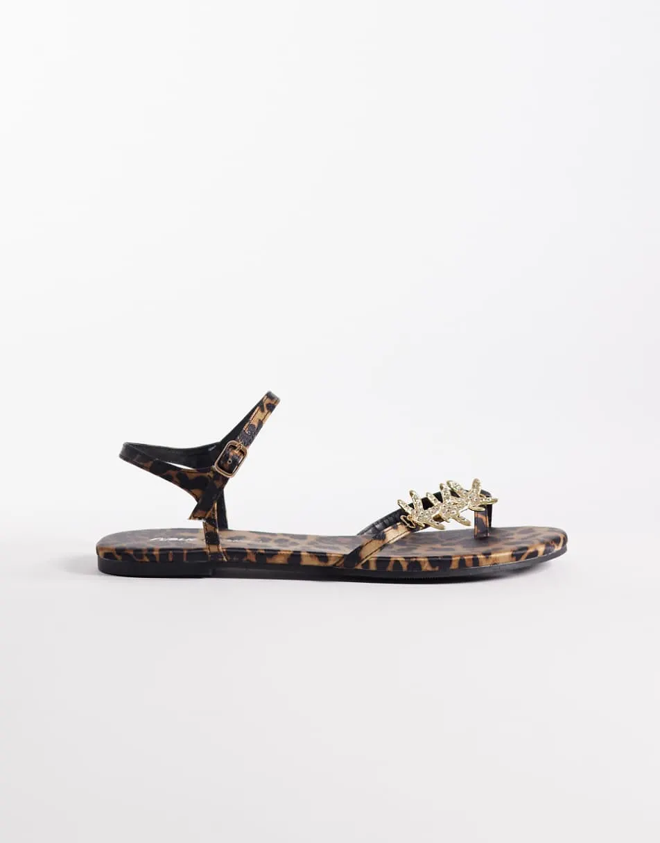 Public Desire Elina strappy flat sandals with sea shells in leopard