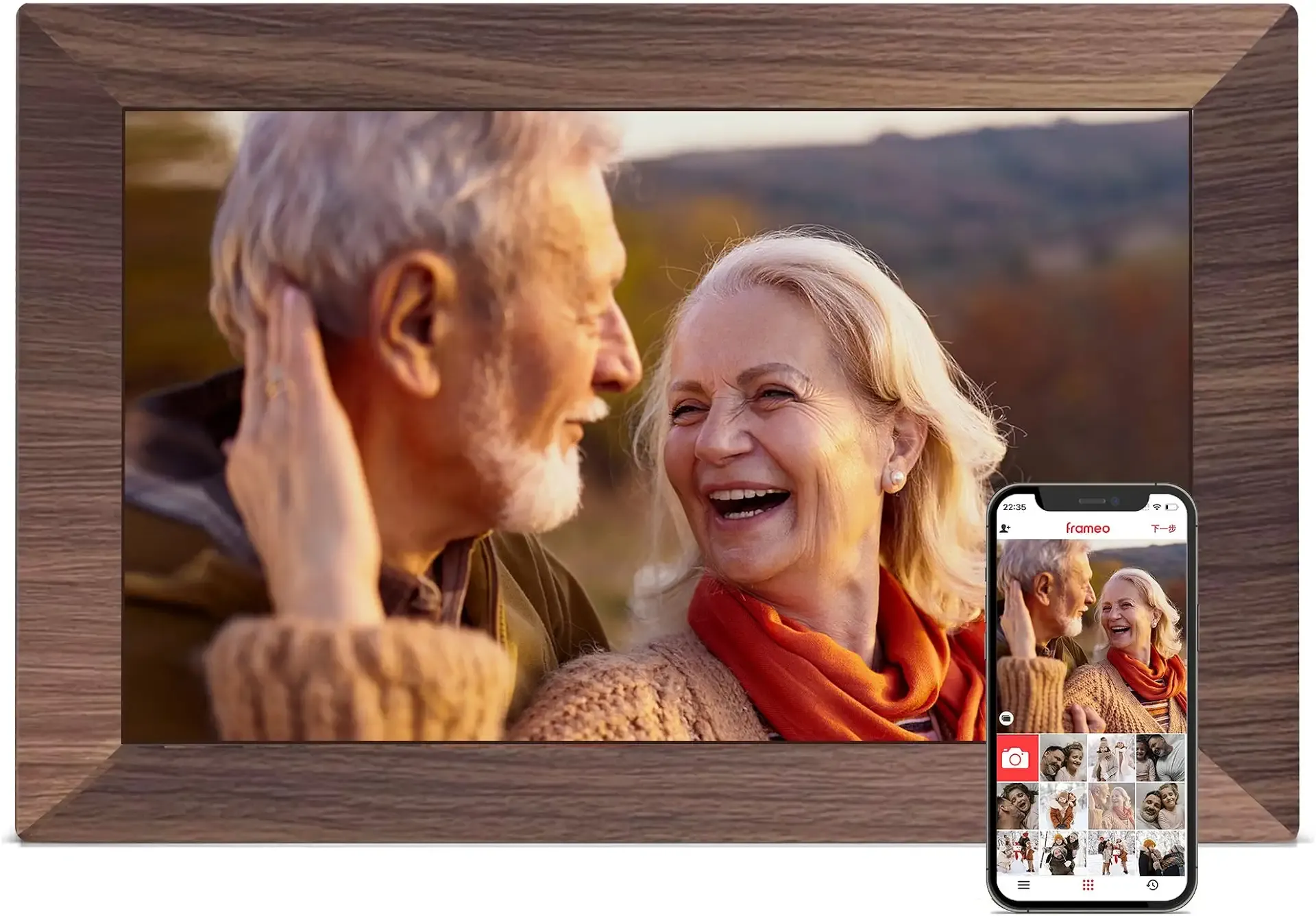 Frameo 10.1" Digital Picture Frame WiFi, 1280 * 800 IPS HD Touchscreen, 32GB Storage, Instant Share Pictures Video, Smart Photo Frame Electronic, Gifts for Mom, Grandma, Woodgrain