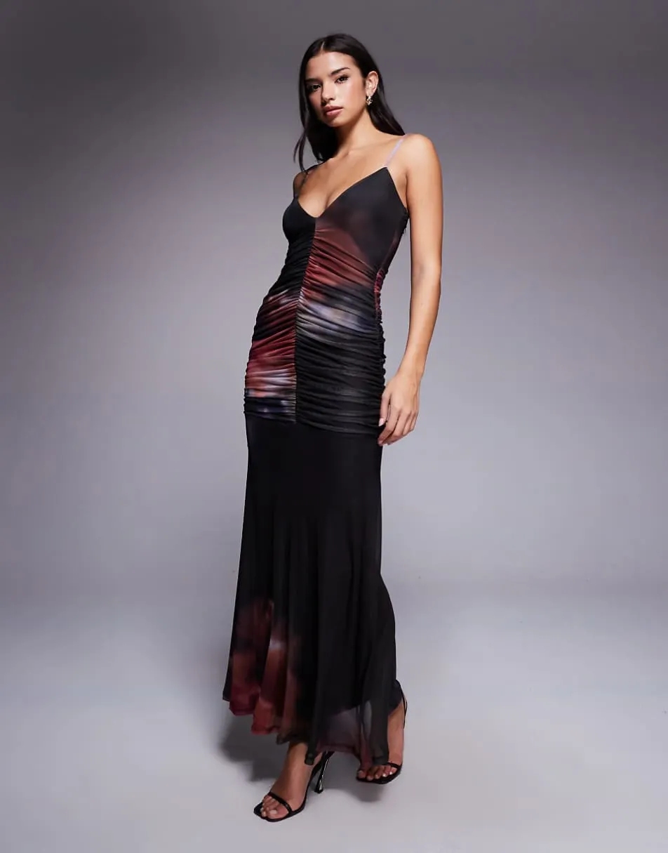 ASOS DESIGN printed mesh ruched maxi dress in dark floral