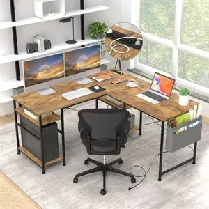 Tbfit Escritorio en forma de L con estantes de almacenamiento, esquina reversible, escritorio para espacios pequeños, gran escritorio de computadora p