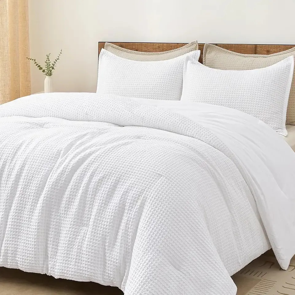 PHF Ultra Soft Waffle Weave Comforter Set King Size, 3 Pieces Lightweight Breathable Comfy Bedding Set, Comfy Textured 1 Comforter with 2 Pillow Shams, White