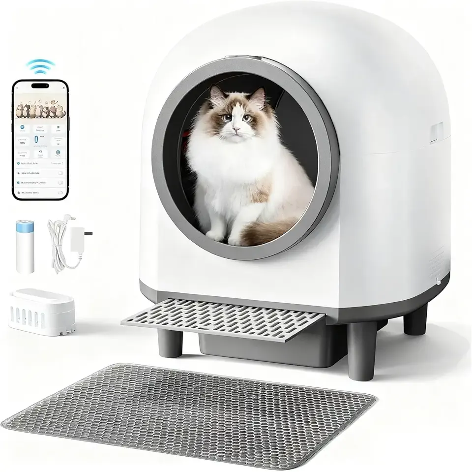 Self Cleaing Litter Box for Multiple Cats, 88L Large Smart Automatic Cat Litter Box with App Control, Health Monitoring, Integrated Safety Sensors, Odor Removal, Mat, Liners (White)