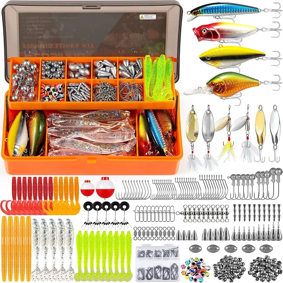 PLUSINNO 353/404 PCS Fishing Lures, Upgrade Fishing Tackle Box with Tackle Included, Crankbaits, Hooks, Weights, Other Accessories, Fishing Lure Bait Gear Equipment Kit Gift for Men Freshwater Bass