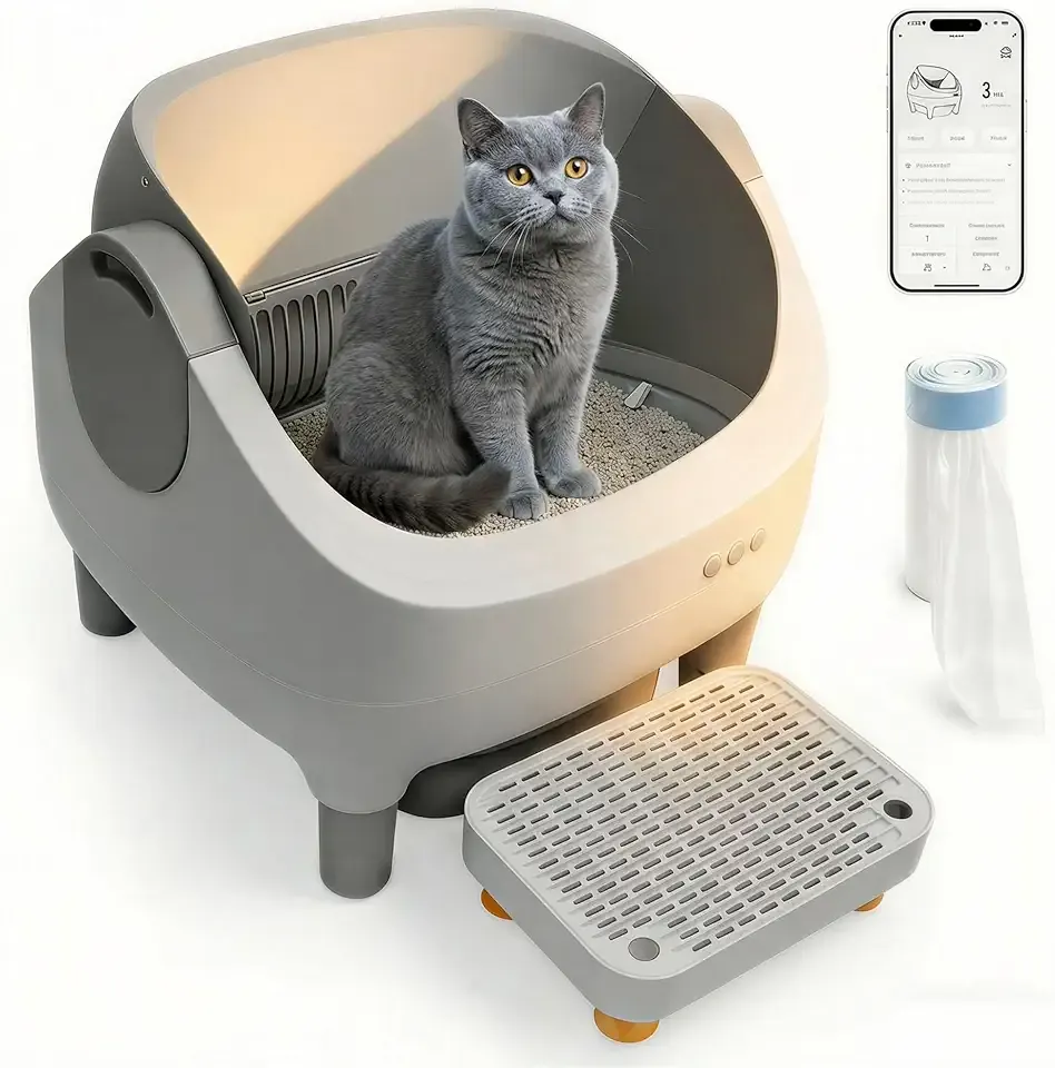 Automatic Litter Box with Raised Step, for Multiple Cats, Open Top Large Capacity Self Cleaning Litter Box, Safety Protection, Smart App Control, Odor-Free & Health Monitoring & Quiet Operation