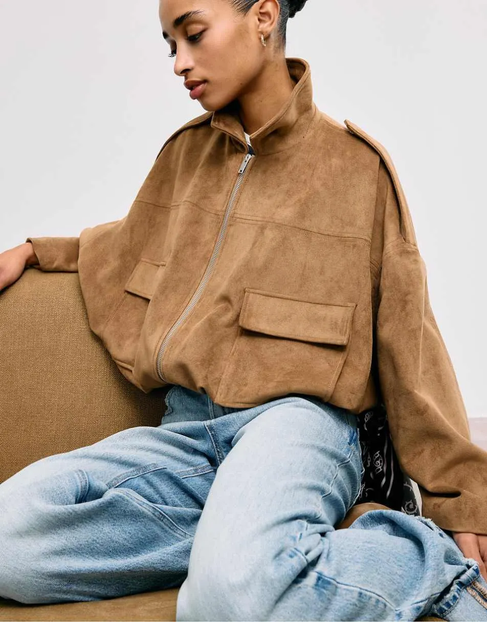 Stradivarius Faux suede bomber jacket in stone