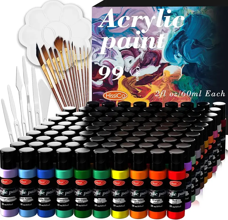 HissiCo 118PCS Acrylic Paint Set of 99 Colors 2fl oz 60ml Bottles with 12 Brushes 6 Paint Knives and Palette,Non Toxic Rich Pigment for Kids Adults Artists Canvas Crafts Wood Painting