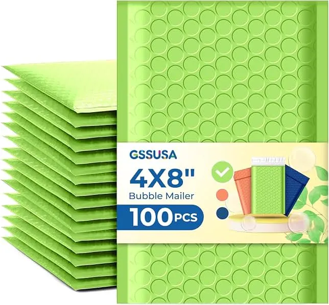 GSSUSA Green Bubble Mailers 4x8 100 Pack, Self Seal Padded Envelopes | Usable Size 4x7, Waterproof, Opaque, #000, Bulk Ma…