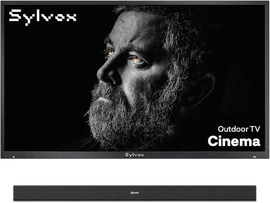 SYLVOX 75'' Cinema 2000 Nits Outdoor TV & S2 Waterproof Soundbar Bundle – Full Sun Patio & Backyard Entertainment, Dolby Atmos, Helio QLED, Google TV, 2.0 Channel 60W Audio