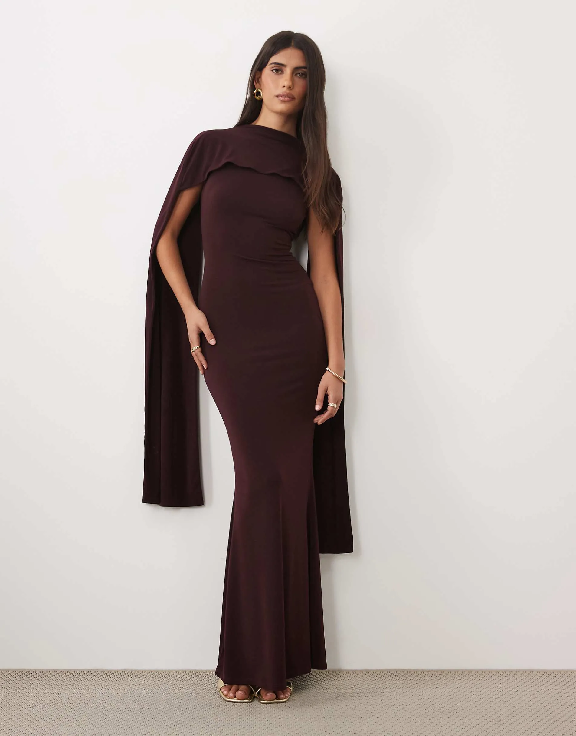 ASOS DESIGN slinky sleeveless maxi dress with extreme cape shoulder detail in dark plum