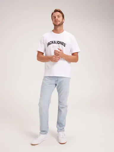 JACK AND JONES Mike Comfort Taper Jean In Light Blue Denim