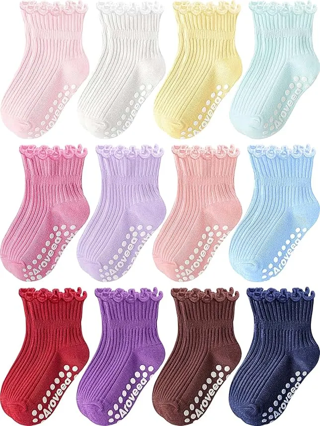 Aroveea Toddler Girls Socks 12 Pack Grip Non Slip Ruffle Frilly Cotton Socks for Toddlers Baby Girls Kids Cute 6M-7Years