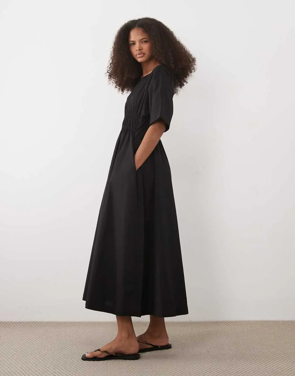 Threadbare poplin short sleeve midi dress in black