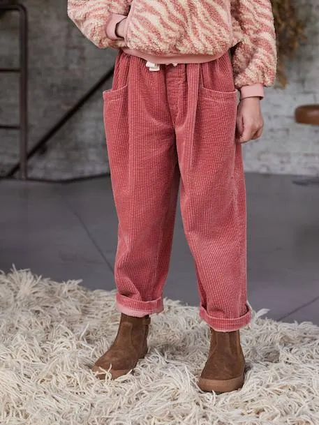 Pantalon fille velours forme loose - vieux rose