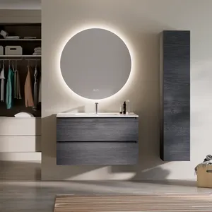 Feel Your Bath, Mueble de Baño Serie PANTER Gris Antracita 100 cm con Encimera Integrada y Espejo Redondo LED 100 cm, 2 Cajones