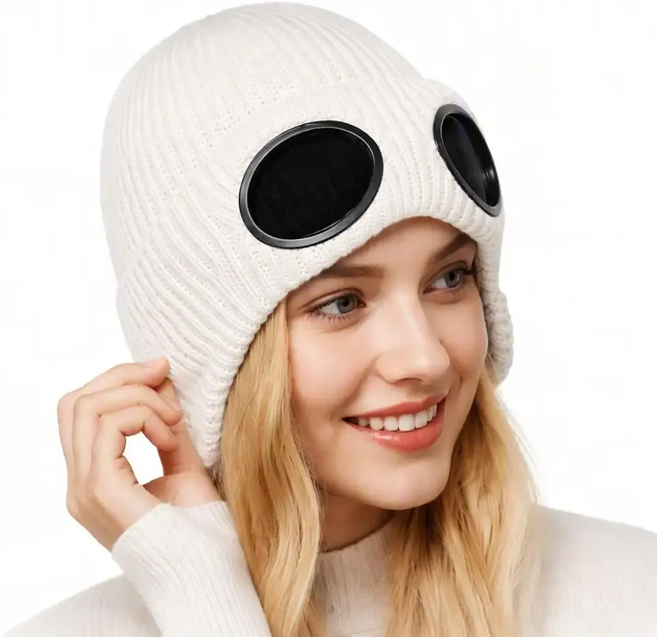 Goggle Beanie Hat, Warm Ribbed Knit Skull Cap with Goggle Detail | Goggle Detail, Ribbed Knit, Soft Lining, Stretch Fit, Unisex Winter Style, Winter Trip, Stretch-Friendly, Walking Camping