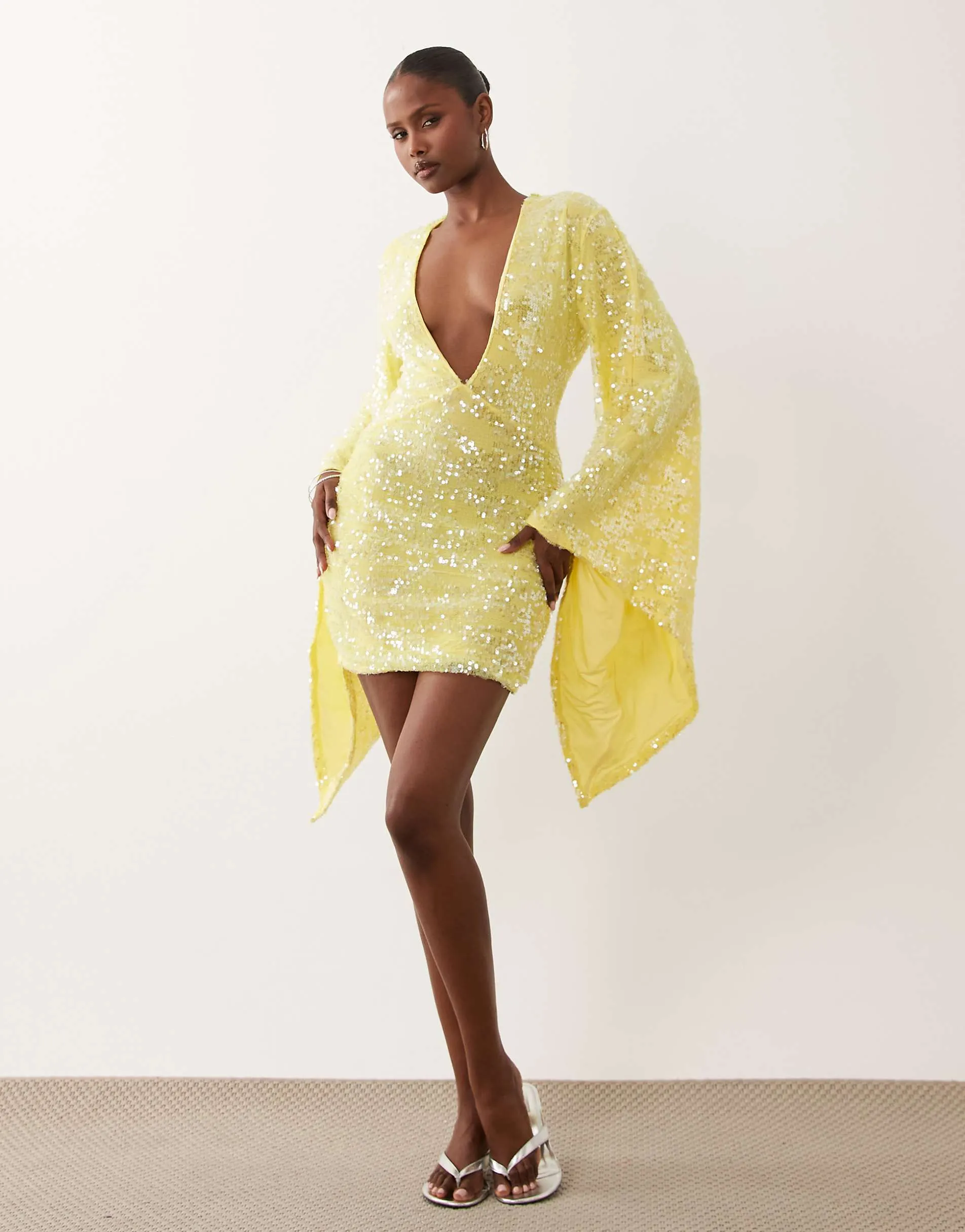 ASOS DESIGN sequin plisse batwing mini dress with ruching detail in lemon