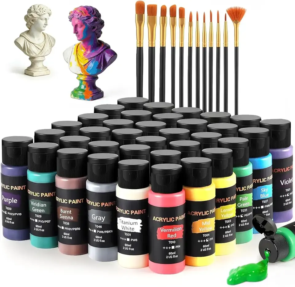 Acrylic Paint Set with 12 Art Brushes, 36 Colors (2 oz/Bottle) Acrylic Paint for Painting Canvas, Wood, Ceramic and Fabric, Paint Set for Beginners, Students and Professional Artist, Rich Pigments