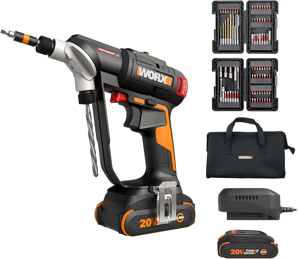 WORX Cordless Drill Driver, 20V 445 in·lb Brushless Power Drill Driver, Powerful Drilling and Driving, 2-in-1 Design, Intelligent Digital Display, 85 Bits, Battery and Charger Included, PowerShare