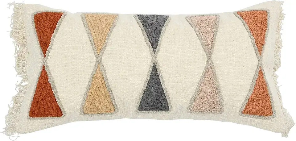Bloomingville Embroidered Cotton Lumbar Pillow with Fringe, Terracotta Multicolor